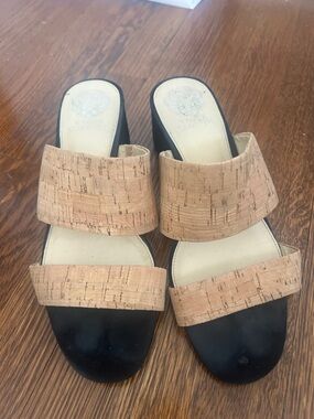 Vince Camuto Cork Double-Band Wedge Slides in Natural and Black